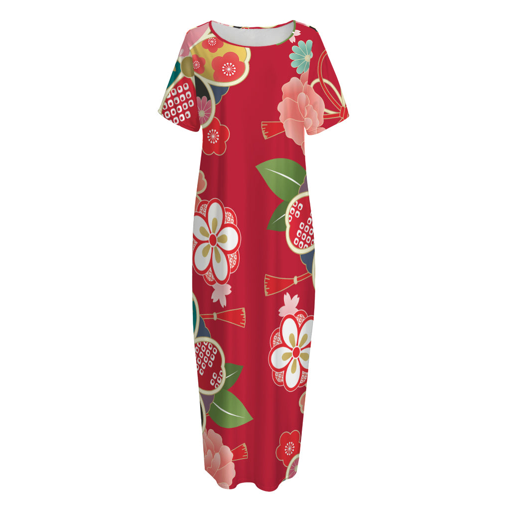 Japanese Kimono Pattern Print Short Sleeve Long Nightdress