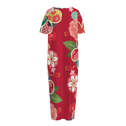 Japanese Kimono Pattern Print Short Sleeve Long Nightdress
