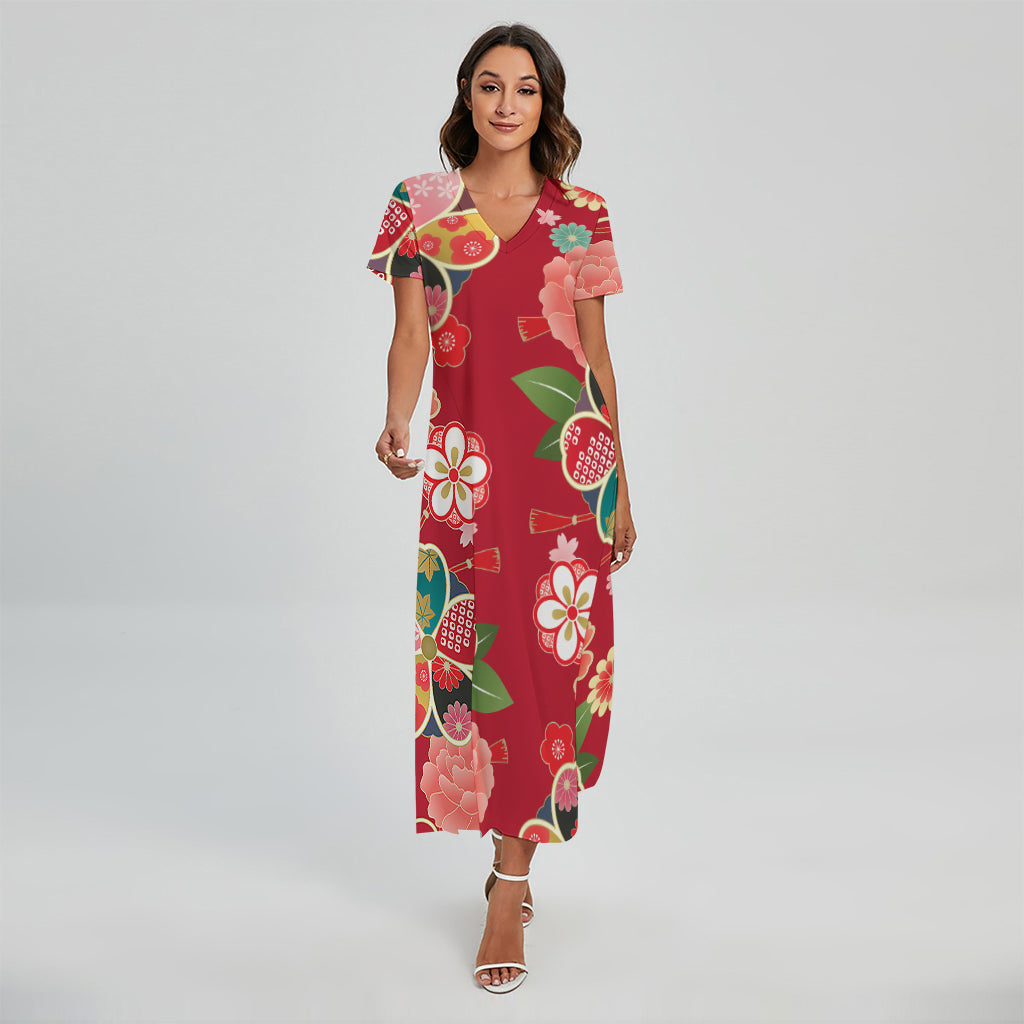 Japanese Kimono Pattern Print Short Sleeve Maxi Dress