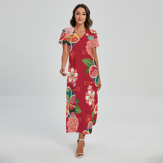 Japanese Kimono Pattern Print Short Sleeve Maxi Dress
