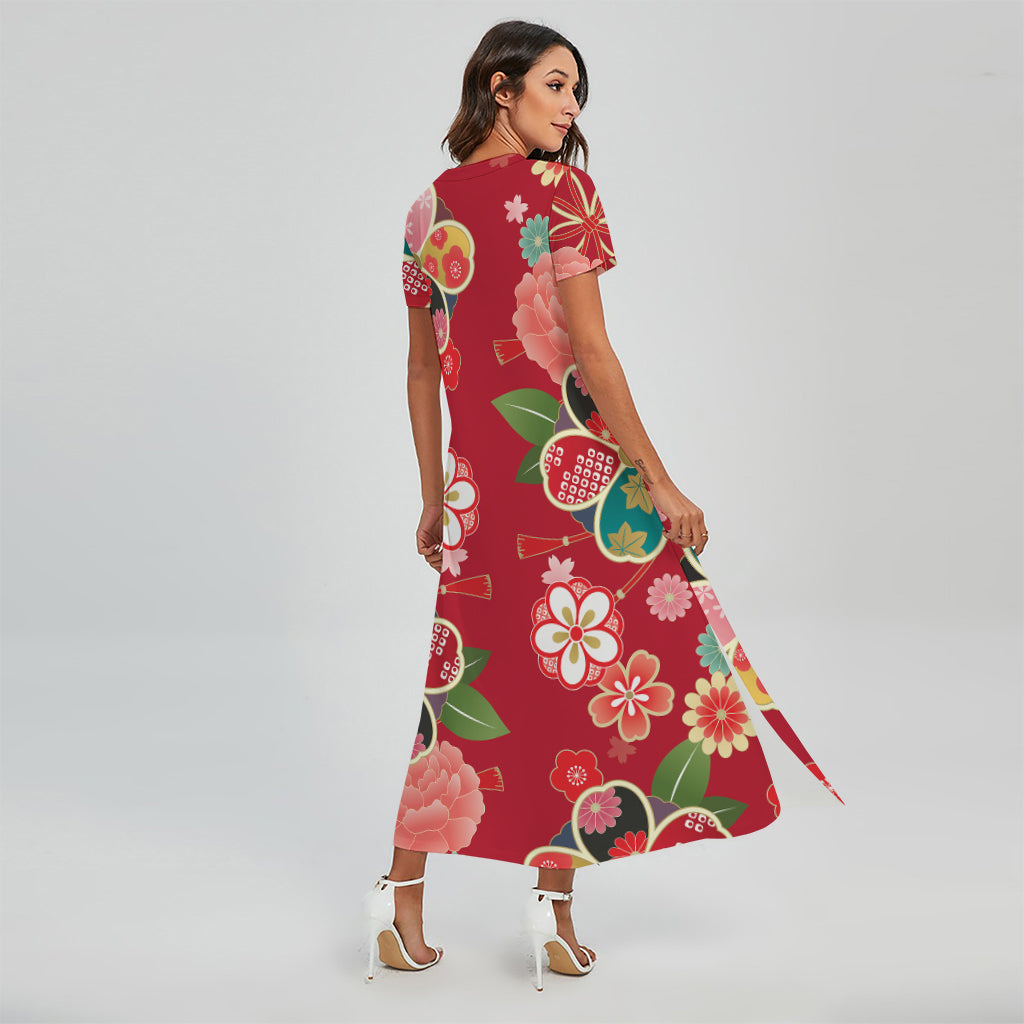 Japanese Kimono Pattern Print Short Sleeve Maxi Dress
