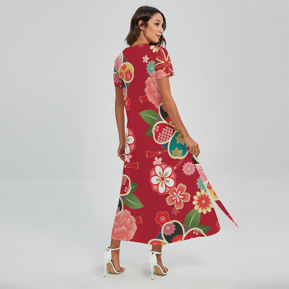 Japanese Kimono Pattern Print Short Sleeve Maxi Dress
