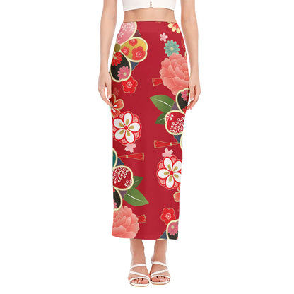 Japanese Kimono Pattern Print Side Slit Maxi Skirt