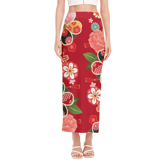 Japanese Kimono Pattern Print Side Slit Maxi Skirt