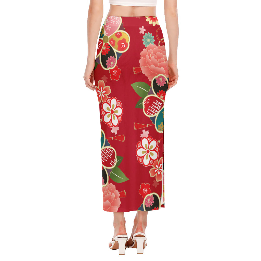 Japanese Kimono Pattern Print Side Slit Maxi Skirt