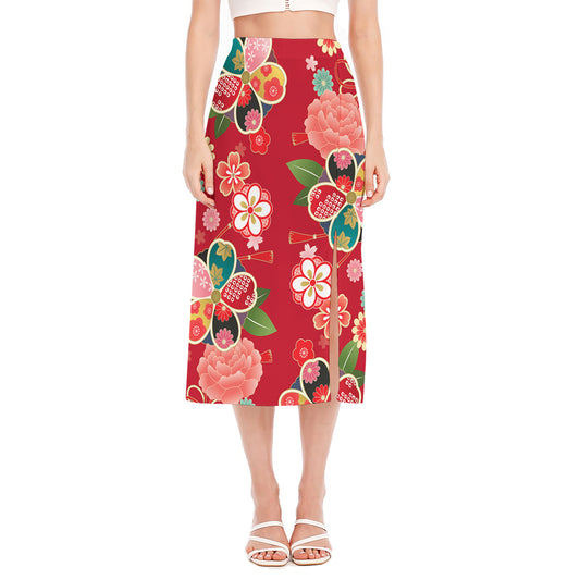Japanese Kimono Pattern Print Side Slit Midi Skirt
