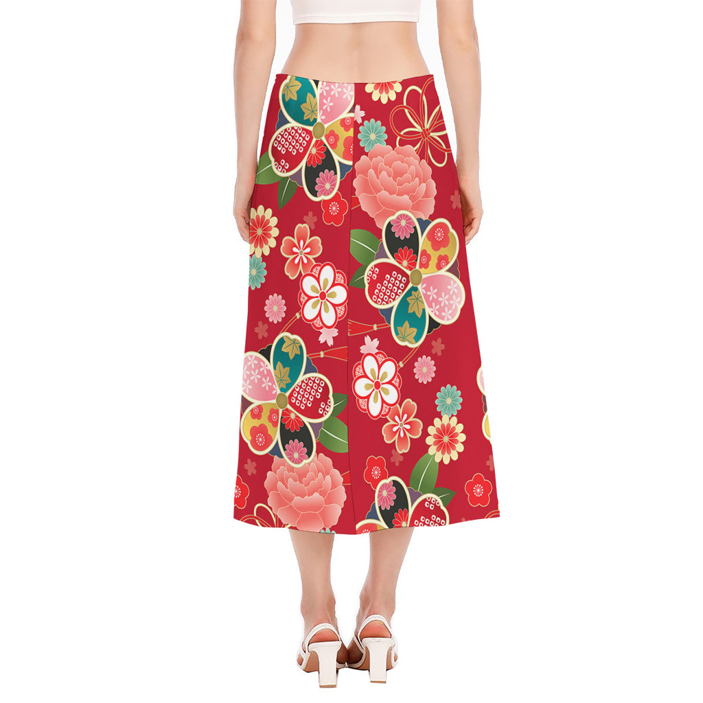Japanese Kimono Pattern Print Side Slit Midi Skirt