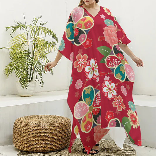 Japanese Kimono Pattern Print Silk V-Neck Kaftan Dress