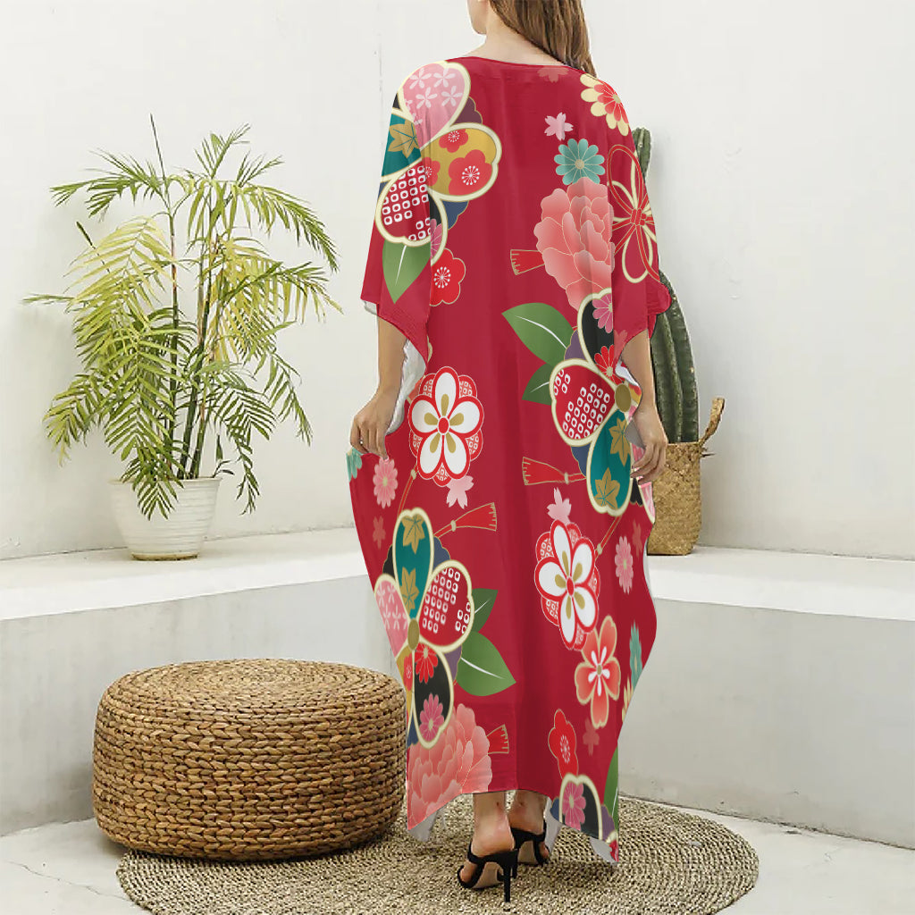 Japanese Kimono Pattern Print Silk V-Neck Kaftan Dress
