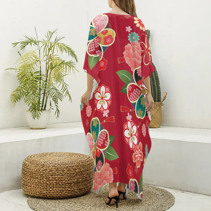 Japanese Kimono Pattern Print Silk V-Neck Kaftan Dress