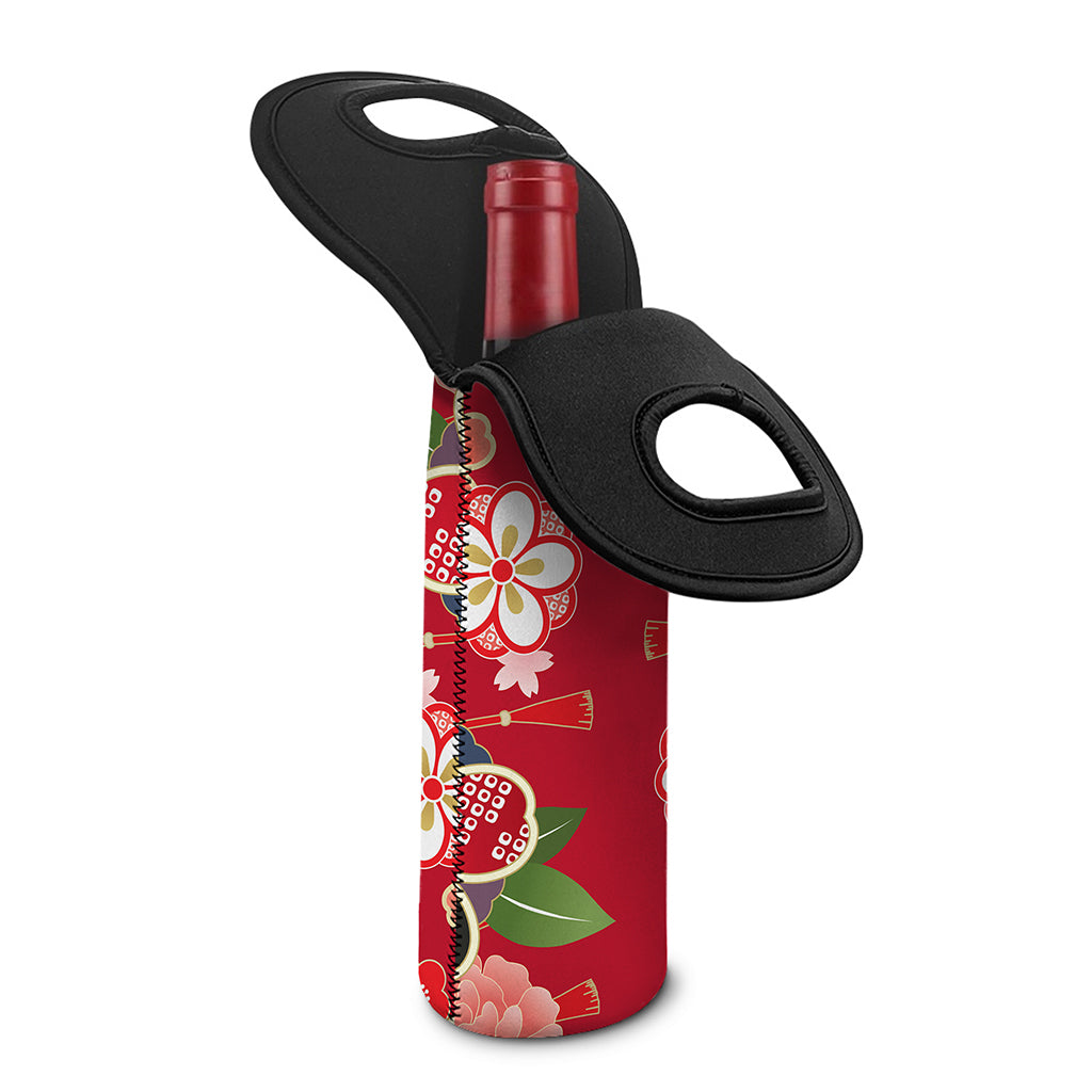 Japanese Kimono Pattern Print Single Neoprene Wine Tote