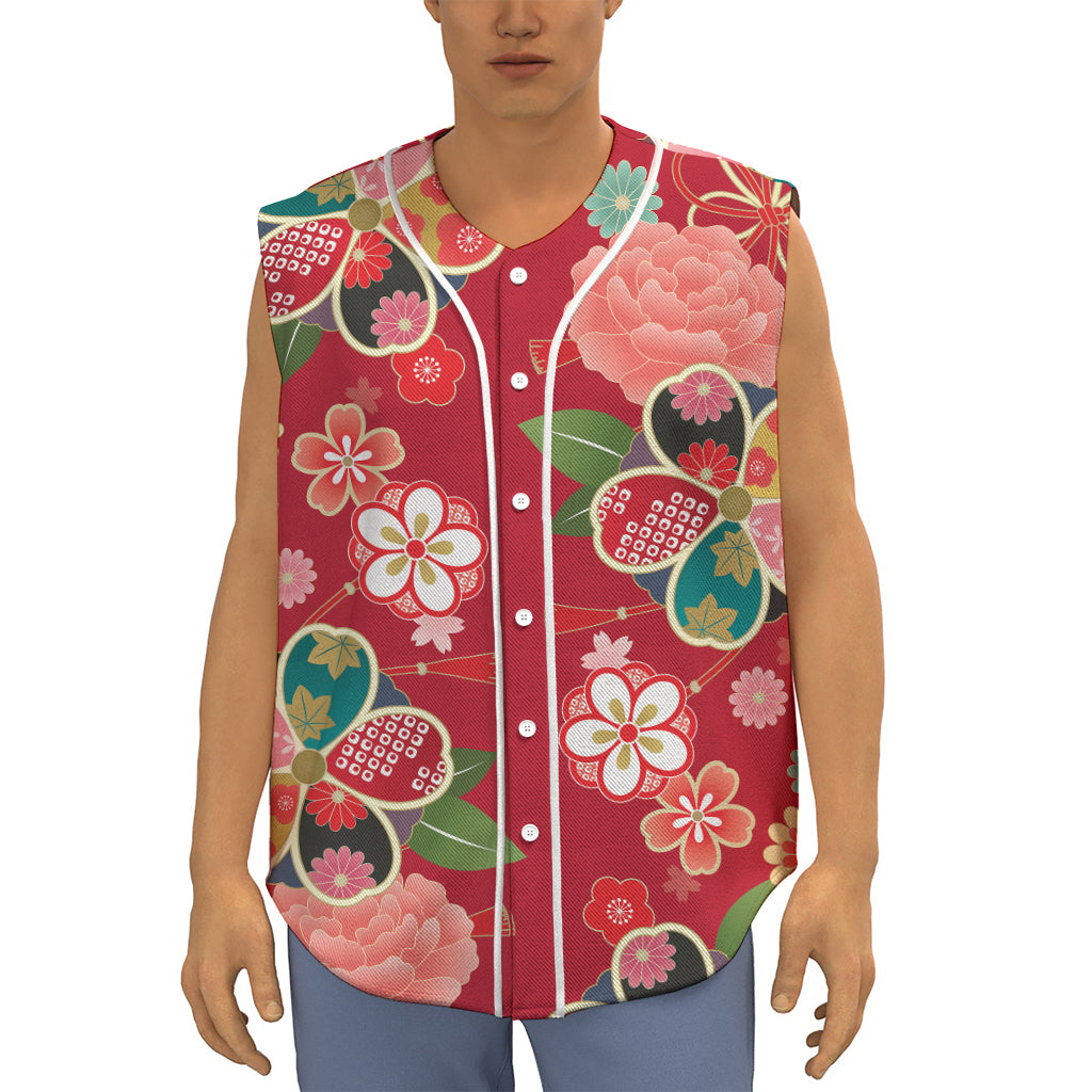Japanese Kimono Pattern Print Sleeveless Baseball Jersey