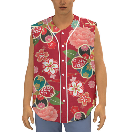 Japanese Kimono Pattern Print Sleeveless Baseball Jersey