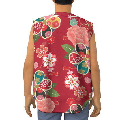 Japanese Kimono Pattern Print Sleeveless Baseball Jersey
