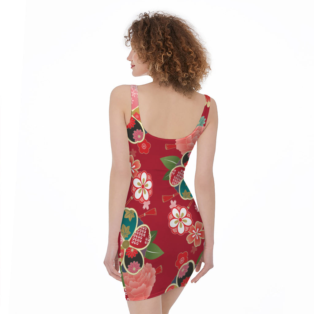 Japanese Kimono Pattern Print Sleeveless Bodycon Dress