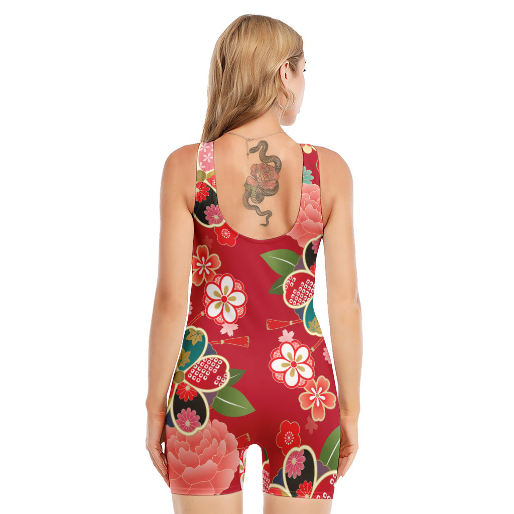 Japanese Kimono Pattern Print Sleeveless One Piece Swimsuit