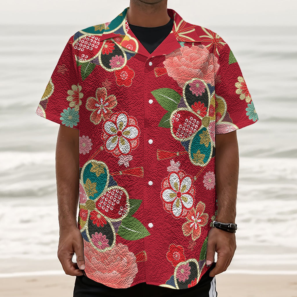 Japanese Kimono Pattern Print Textured Short Sleeve Shirt