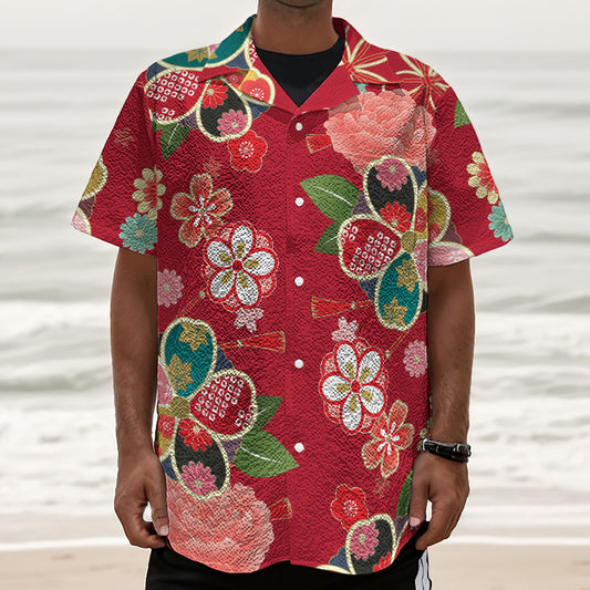 Japanese Kimono Pattern Print Textured Short Sleeve Shirt