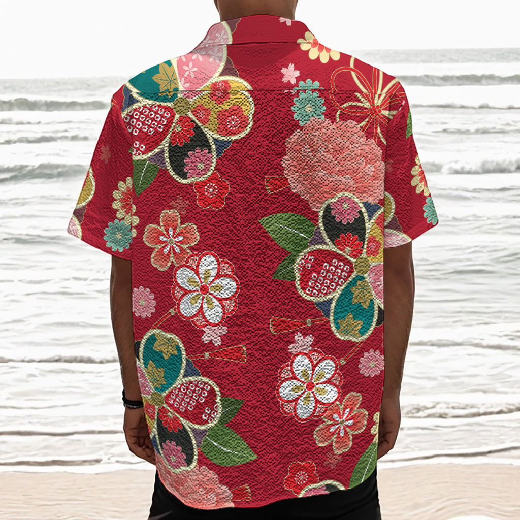 Japanese Kimono Pattern Print Textured Short Sleeve Shirt
