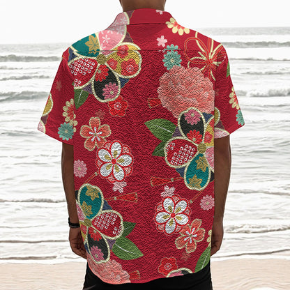 Japanese Kimono Pattern Print Textured Short Sleeve Shirt