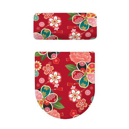 Japanese Kimono Pattern Print Toilet Lid And Tank Cover Set