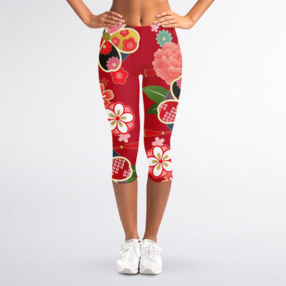 Japanese Kimono Pattern Print Women's Capri Leggings