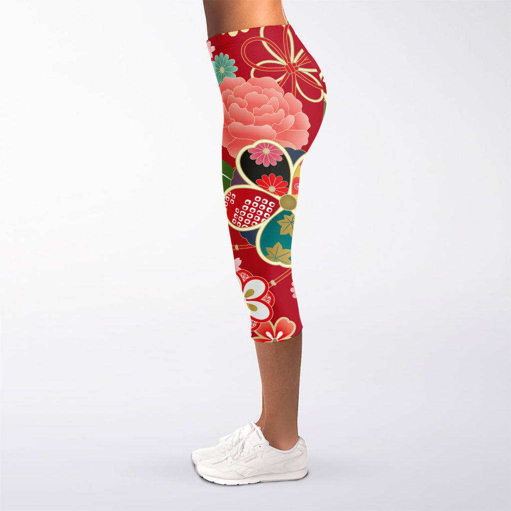 Japanese Kimono Pattern Print Women's Capri Leggings