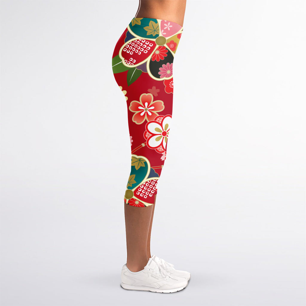 Japanese Kimono Pattern Print Women's Capri Leggings