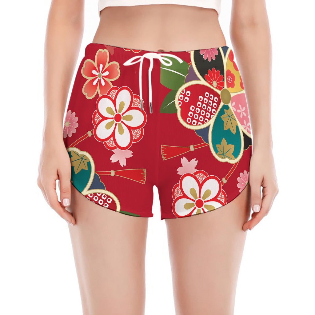 Japanese Kimono Pattern Print Women's Split Running Shorts