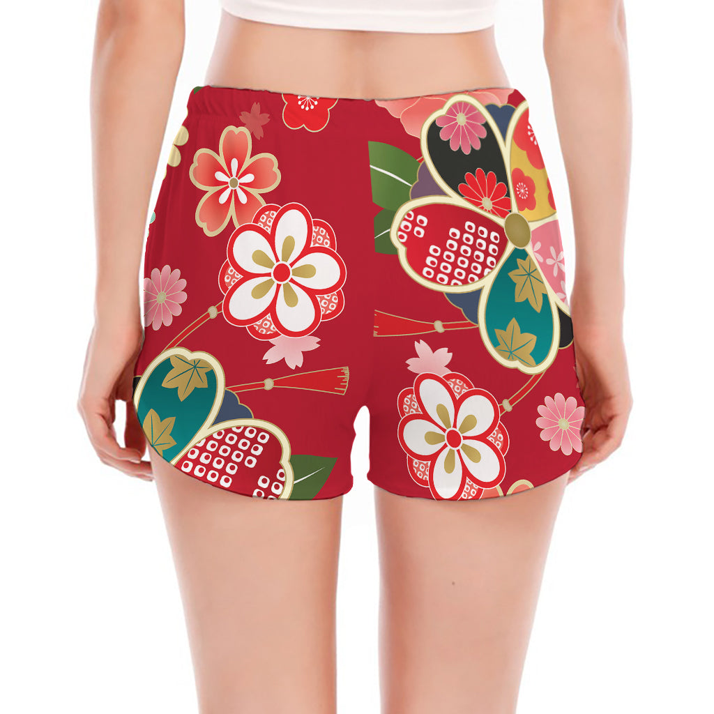 Japanese Kimono Pattern Print Women's Split Running Shorts