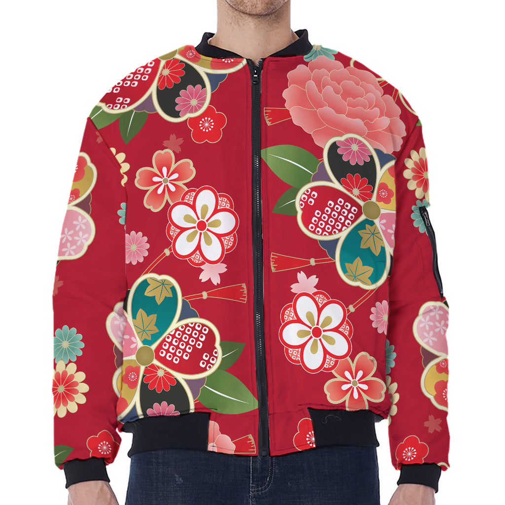Japanese Kimono Pattern Print Zip Sleeve Bomber Jacket