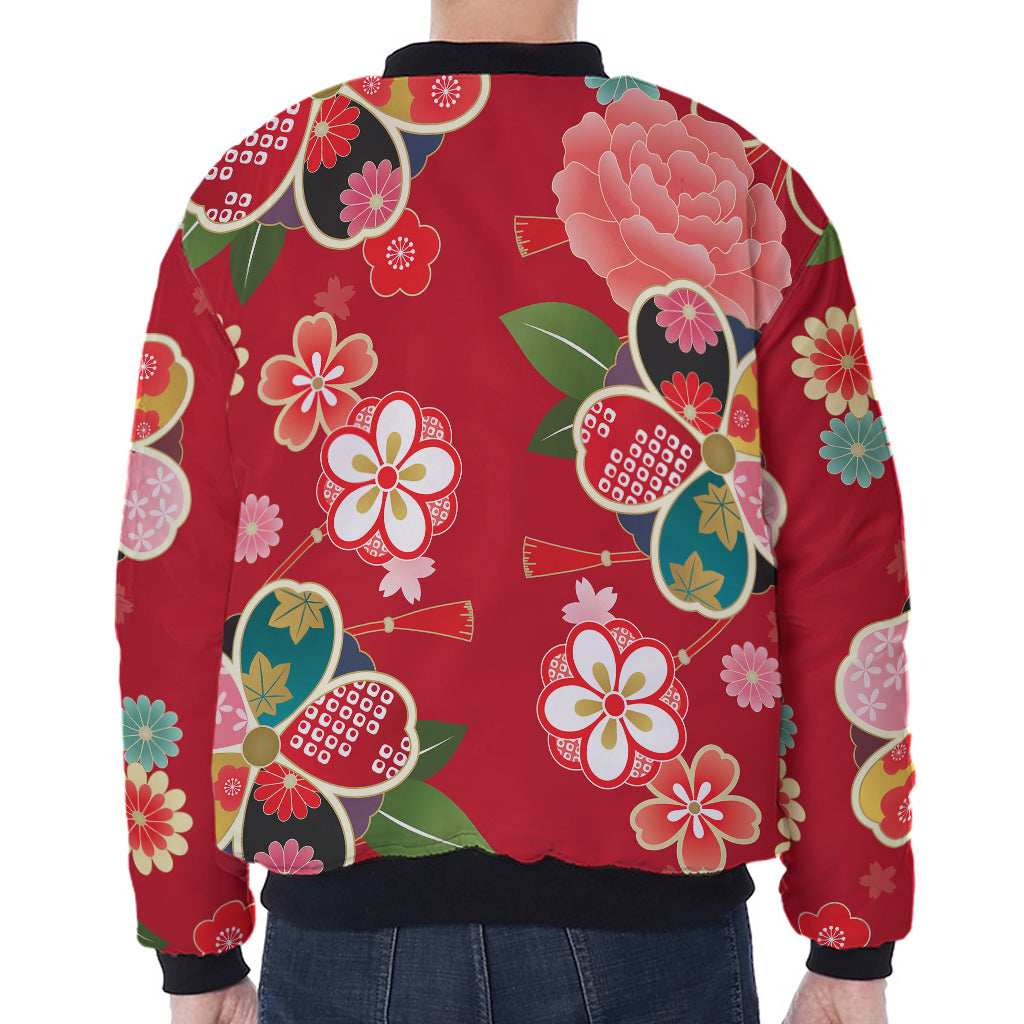 Japanese Kimono Pattern Print Zip Sleeve Bomber Jacket