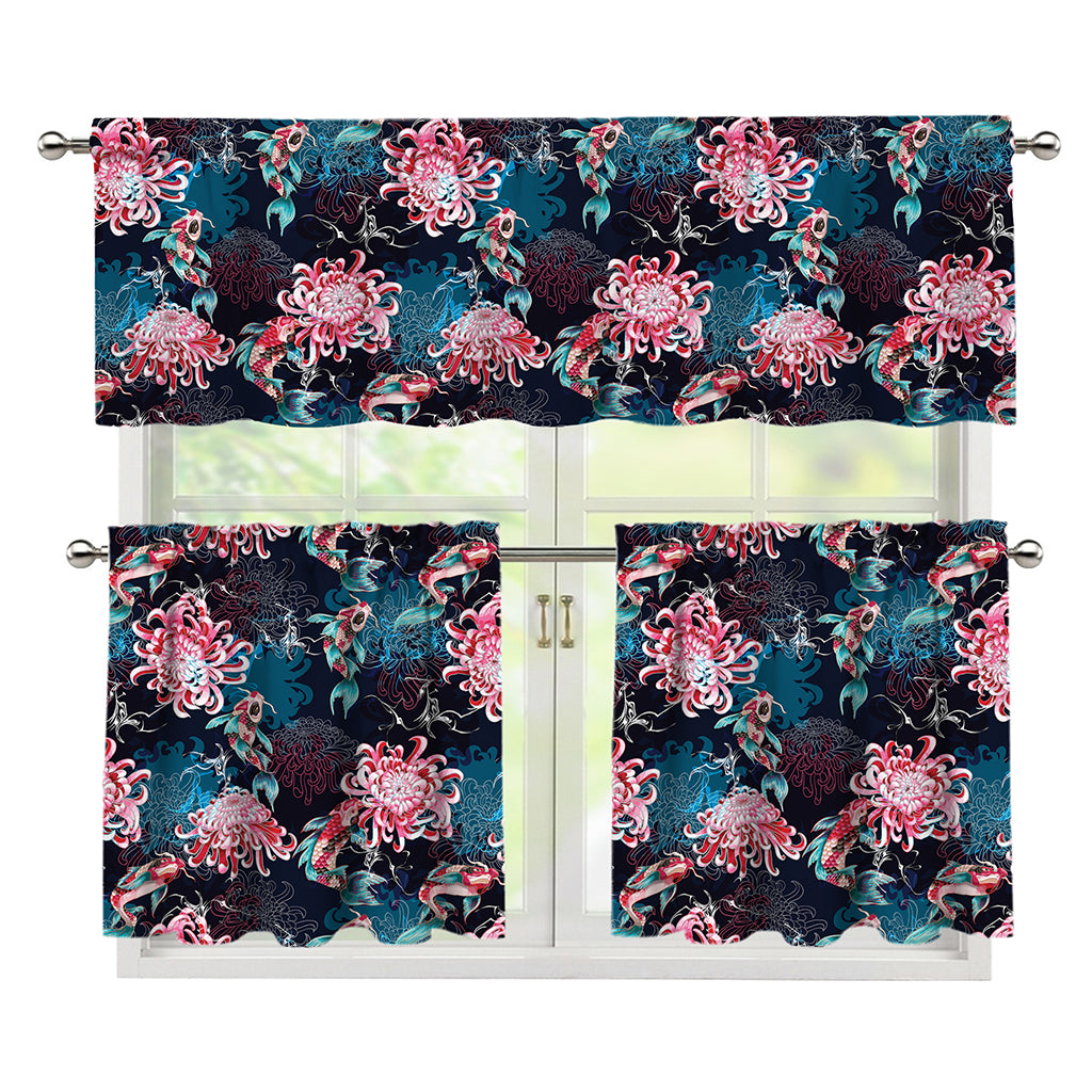 Japanese Koi And Chrysanthemums Print 3 Piece Kitchen Curtains