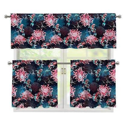 Japanese Koi And Chrysanthemums Print 3 Piece Kitchen Curtains
