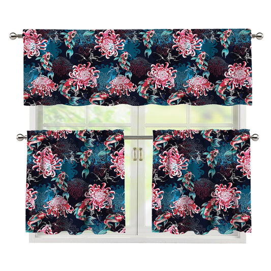 Japanese Koi And Chrysanthemums Print 3 Piece Kitchen Curtains