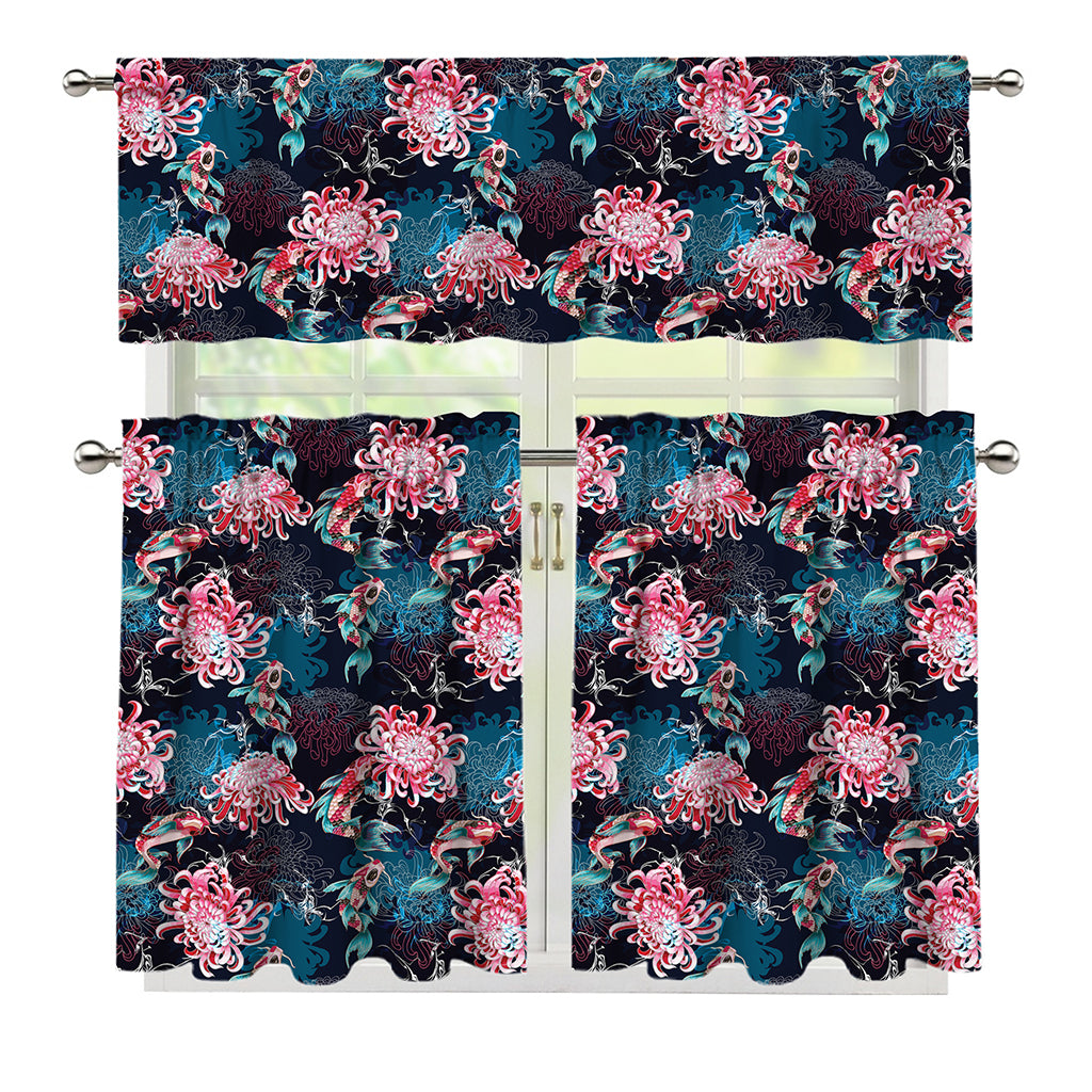 Japanese Koi And Chrysanthemums Print 3 Piece Kitchen Curtains