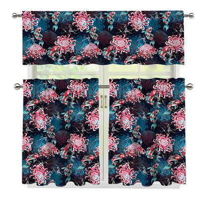 Japanese Koi And Chrysanthemums Print 3 Piece Kitchen Curtains