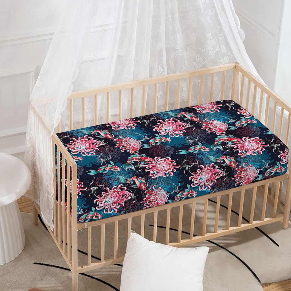 Japanese Koi And Chrysanthemums Print Baby Crib Sheet