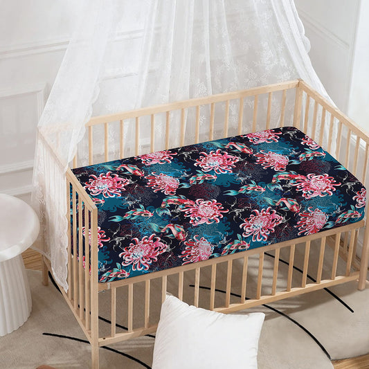 Japanese Koi And Chrysanthemums Print Baby Crib Sheet
