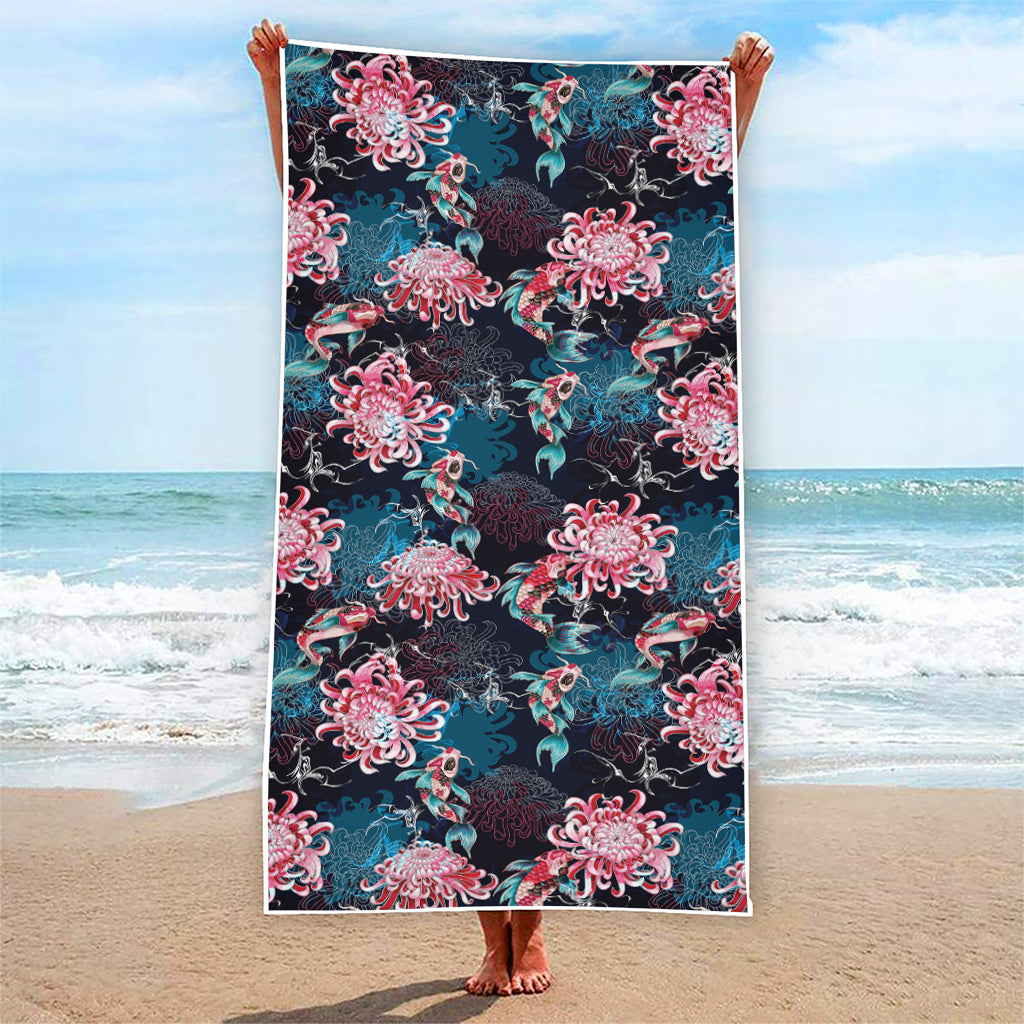 Japanese Koi And Chrysanthemums Print Beach Towel