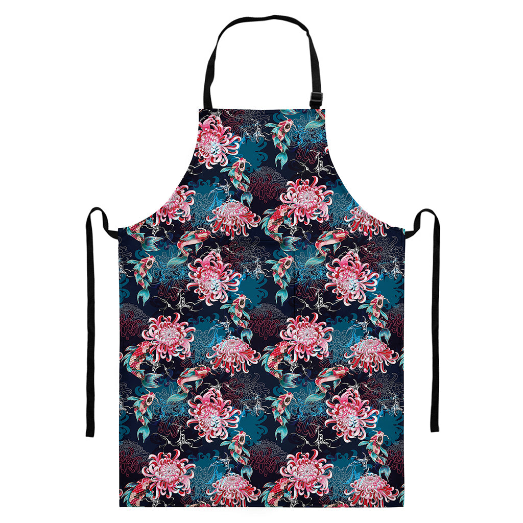 Japanese Koi And Chrysanthemums Print Bib Apron With Pocket