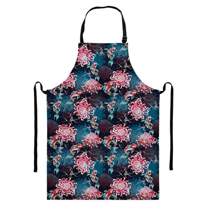Japanese Koi And Chrysanthemums Print Bib Apron With Pocket