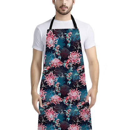 Japanese Koi And Chrysanthemums Print Bib Apron With Pocket