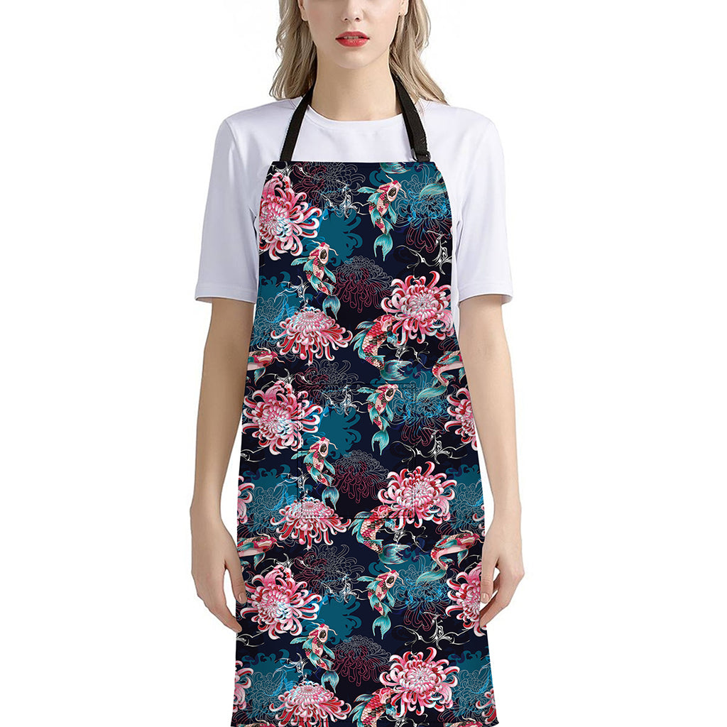 Japanese Koi And Chrysanthemums Print Bib Apron With Pocket