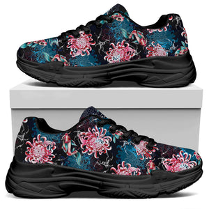 Japanese Koi And Chrysanthemums Print Black Chunky Shoes