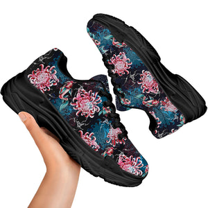 Japanese Koi And Chrysanthemums Print Black Chunky Shoes