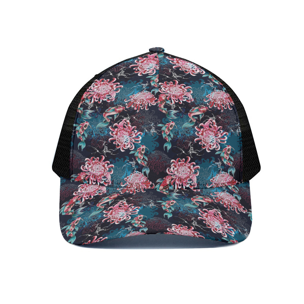 Japanese Koi And Chrysanthemums Print Black Mesh Trucker Cap