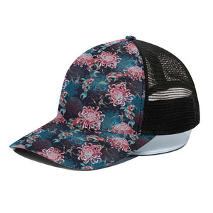 Japanese Koi And Chrysanthemums Print Black Mesh Trucker Cap