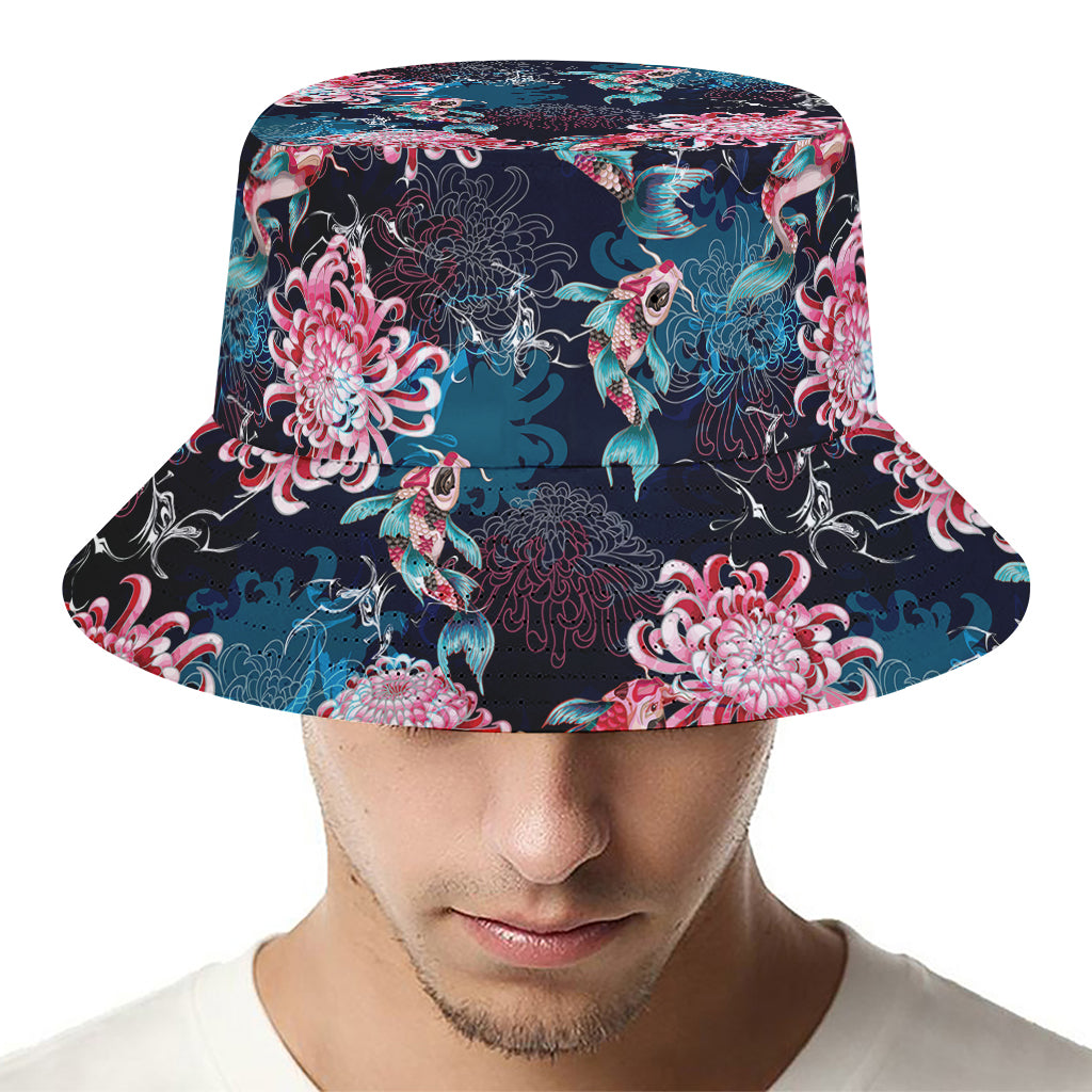 Japanese Koi And Chrysanthemums Print Bucket Hat