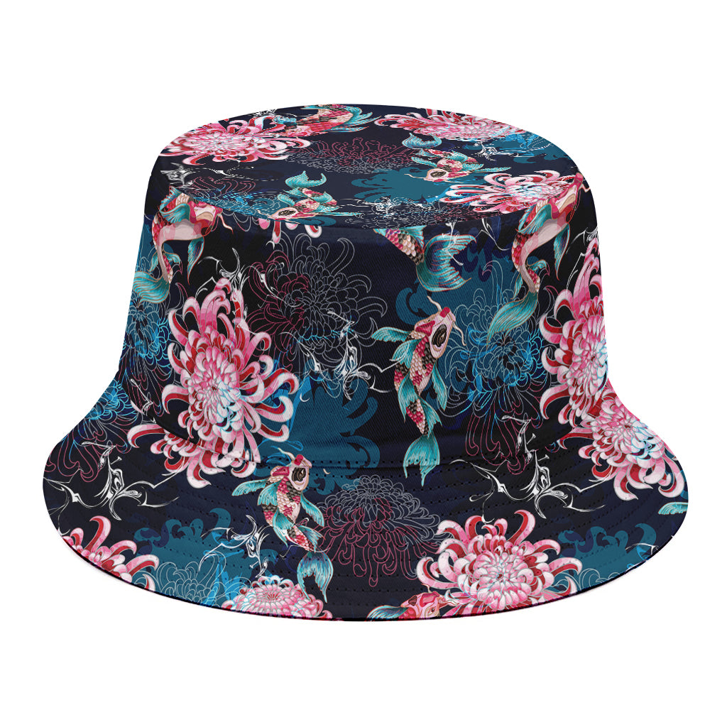 Japanese Koi And Chrysanthemums Print Bucket Hat